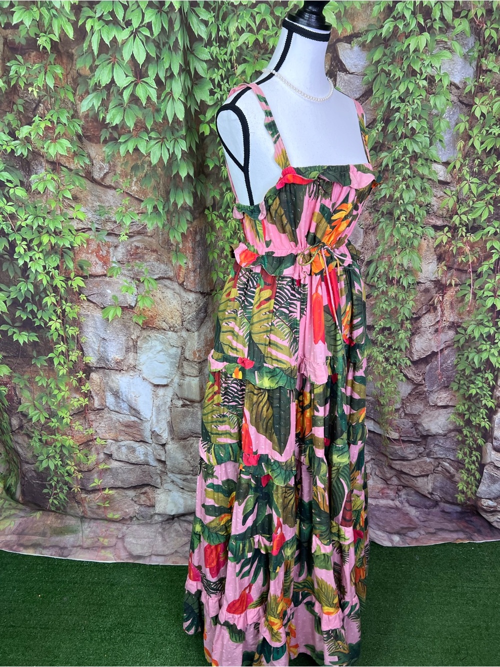 FARM RIO Pink Cocoa Forest Botanical Resortwear Tiered Maxi Dress, L - Picture 9 of 13